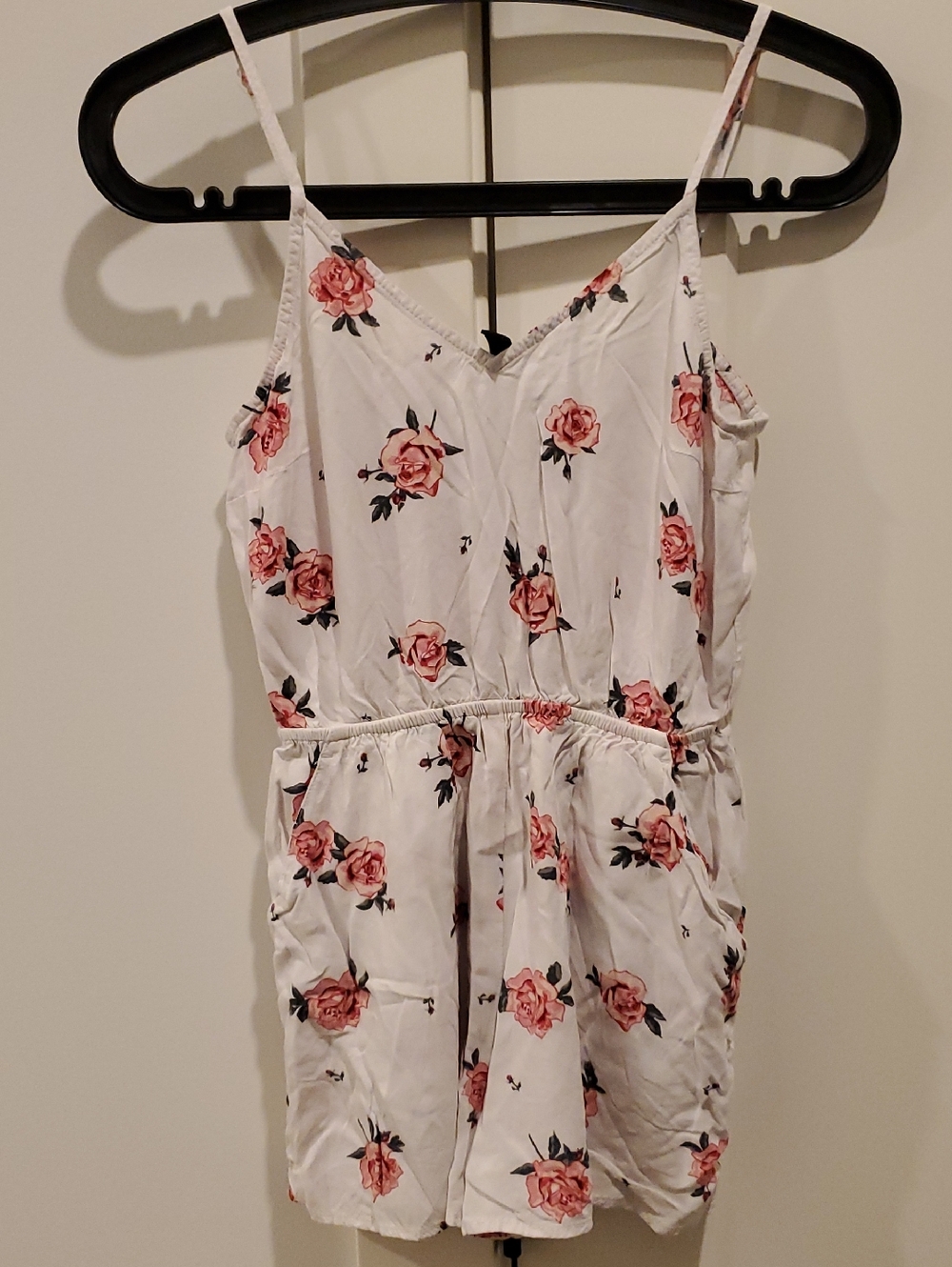 Divided- White Floral Spaghetti Strap Romper with Pink Roses Sz.4